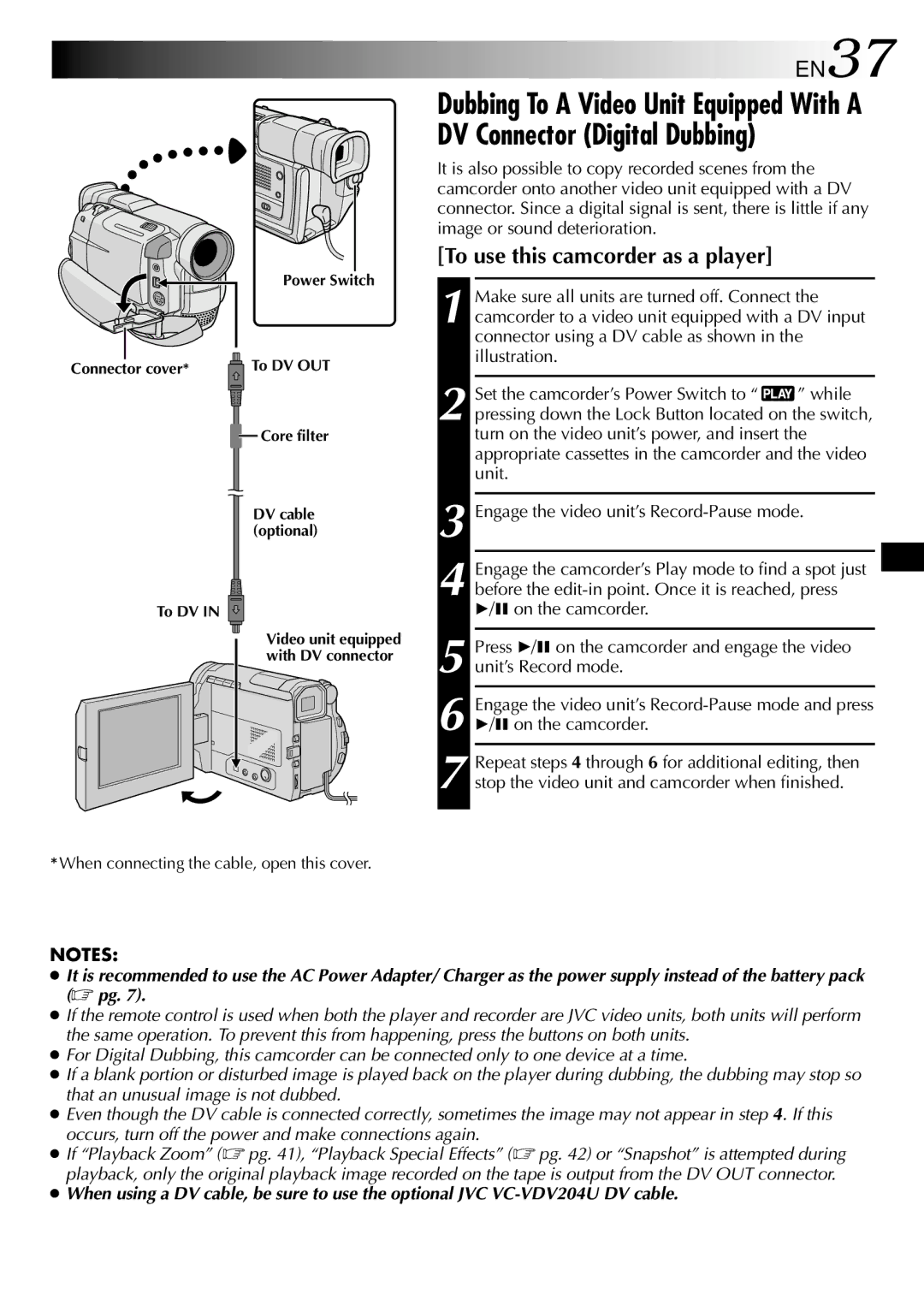 JVC GR-DVL105 specifications EN37, To use this camcorder as a player 