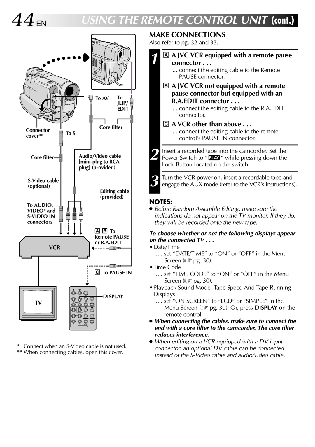 JVC GR-DVL105 specifications 44 EN, Make Connections, JVC VCR equipped with a remote pause connector, VCR other than above 