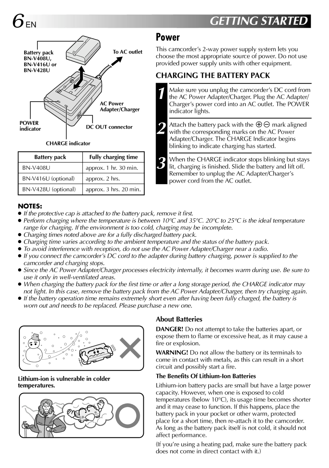 JVC GR-DVL105 Power, Charging the Battery Pack, About Batteries, Lithium-ion is vulnerable in colder temperatures 