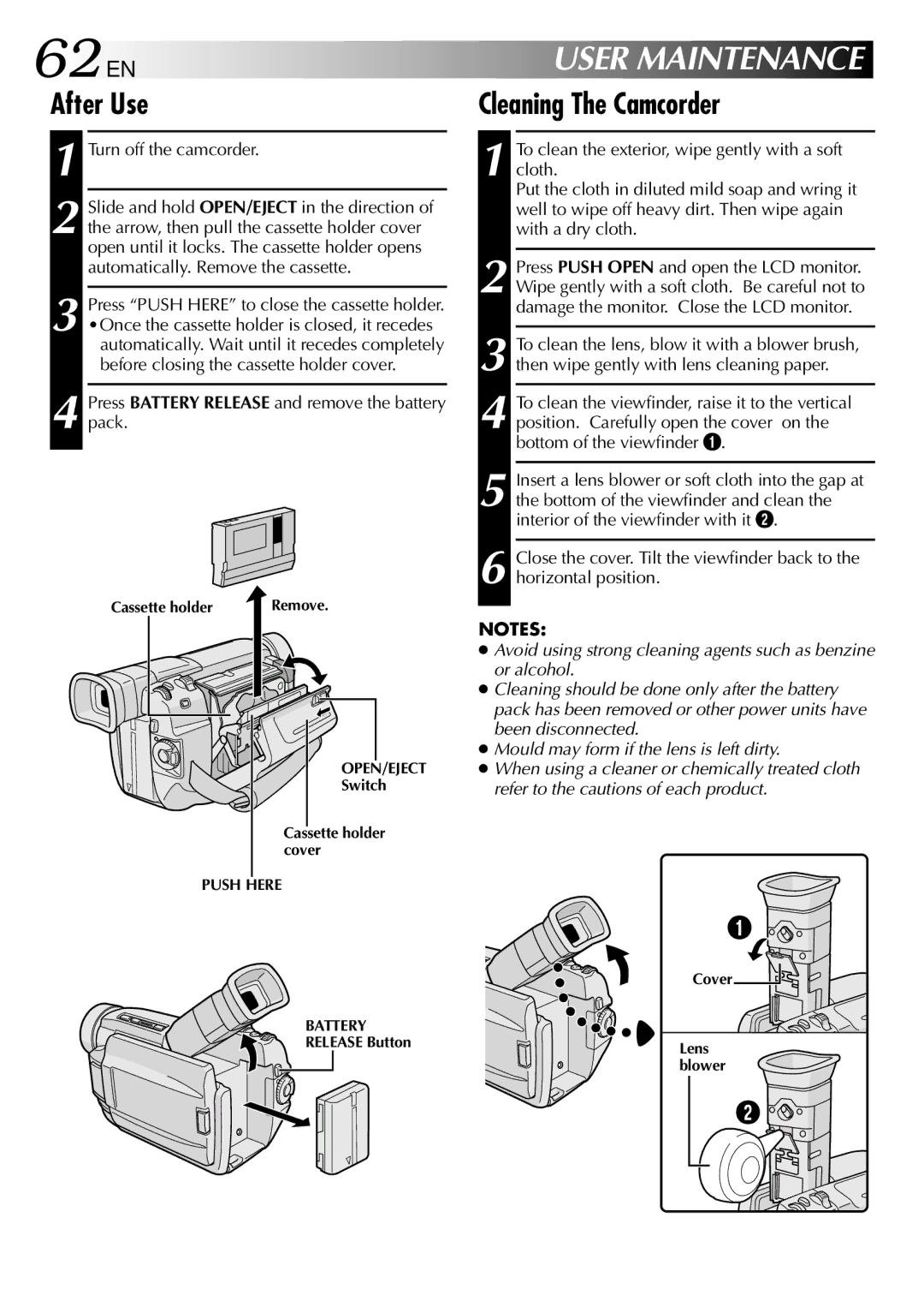 JVC GR-DVL105 specifications 62 EN, After Use, Cleaning The Camcorder 