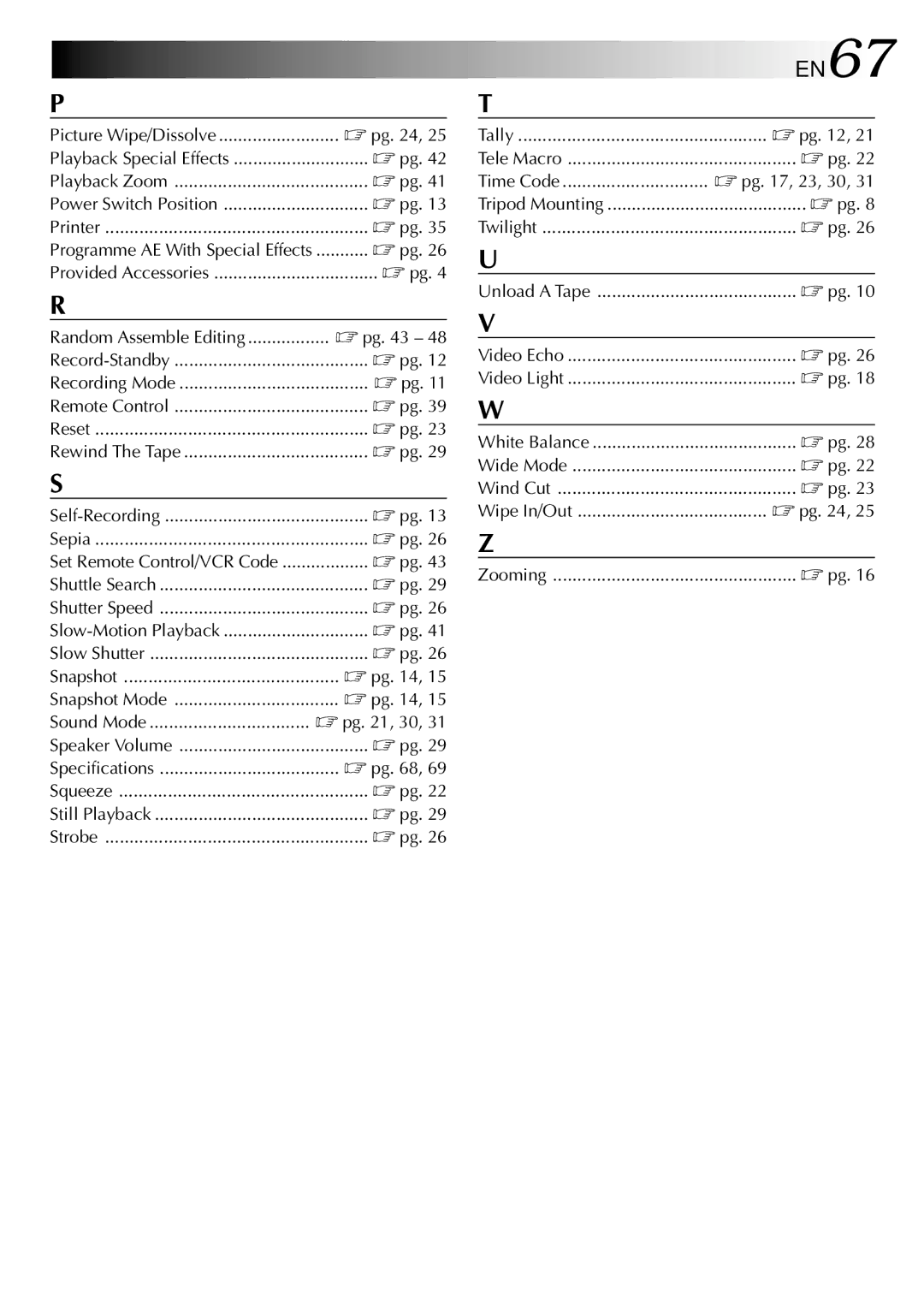 JVC GR-DVL105 specifications EN67, Time Code  pg , 23, 30 