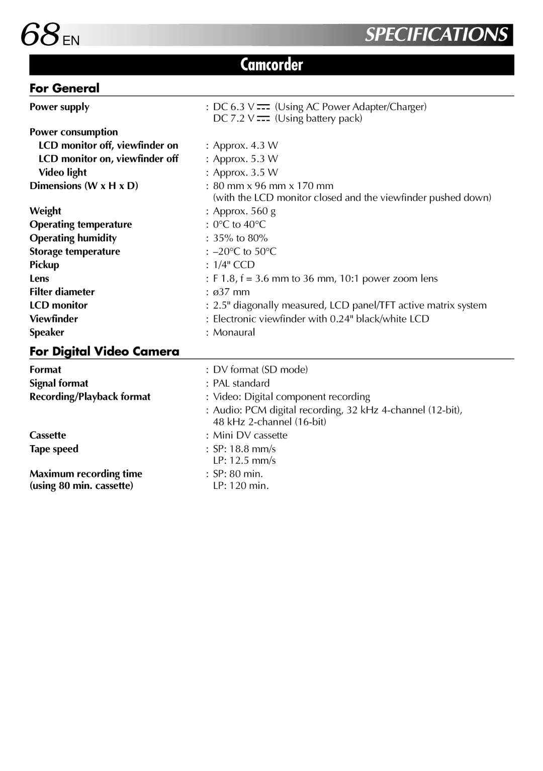 JVC GR-DVL105 specifications 68 EN, For General, For Digital Video Camera 