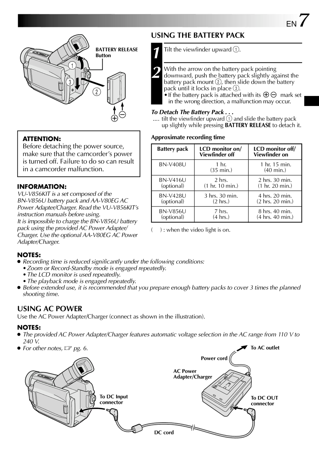 JVC GR-DVL105 Using AC Power, To Detach The Battery Pack, Tilt the viewfinder upward 1 and slide the battery pack 