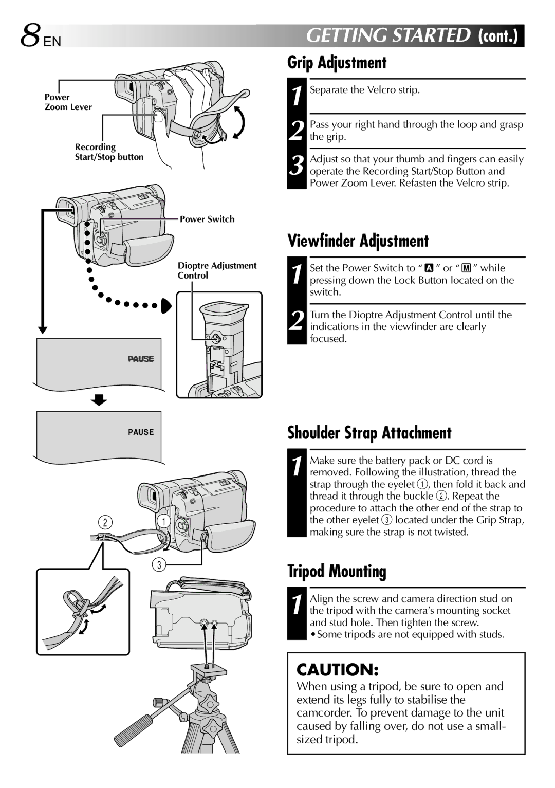 JVC GR-DVL105 specifications Grip Adjustment, Viewfinder Adjustment, Shoulder Strap Attachment, Tripod Mounting 