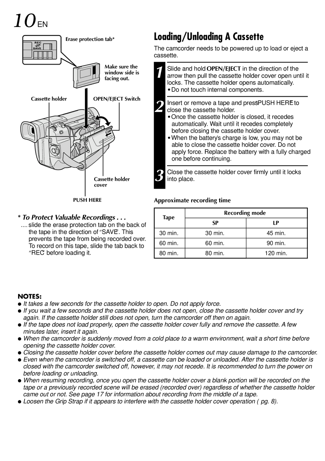 JVC GR-DVL105 specifications 10 EN, Loading/Unloading a Cassette 