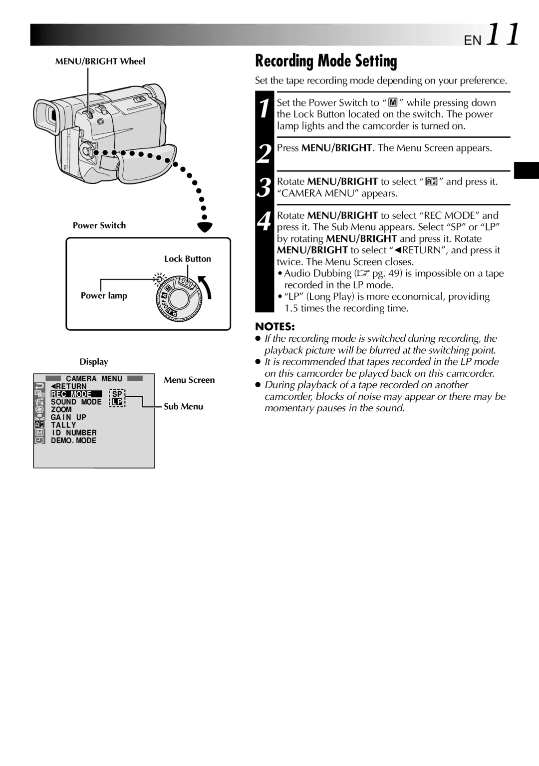 JVC GR-DVL105 specifications Recording Mode Setting, EN11, Set the tape recording mode depending on your preference 