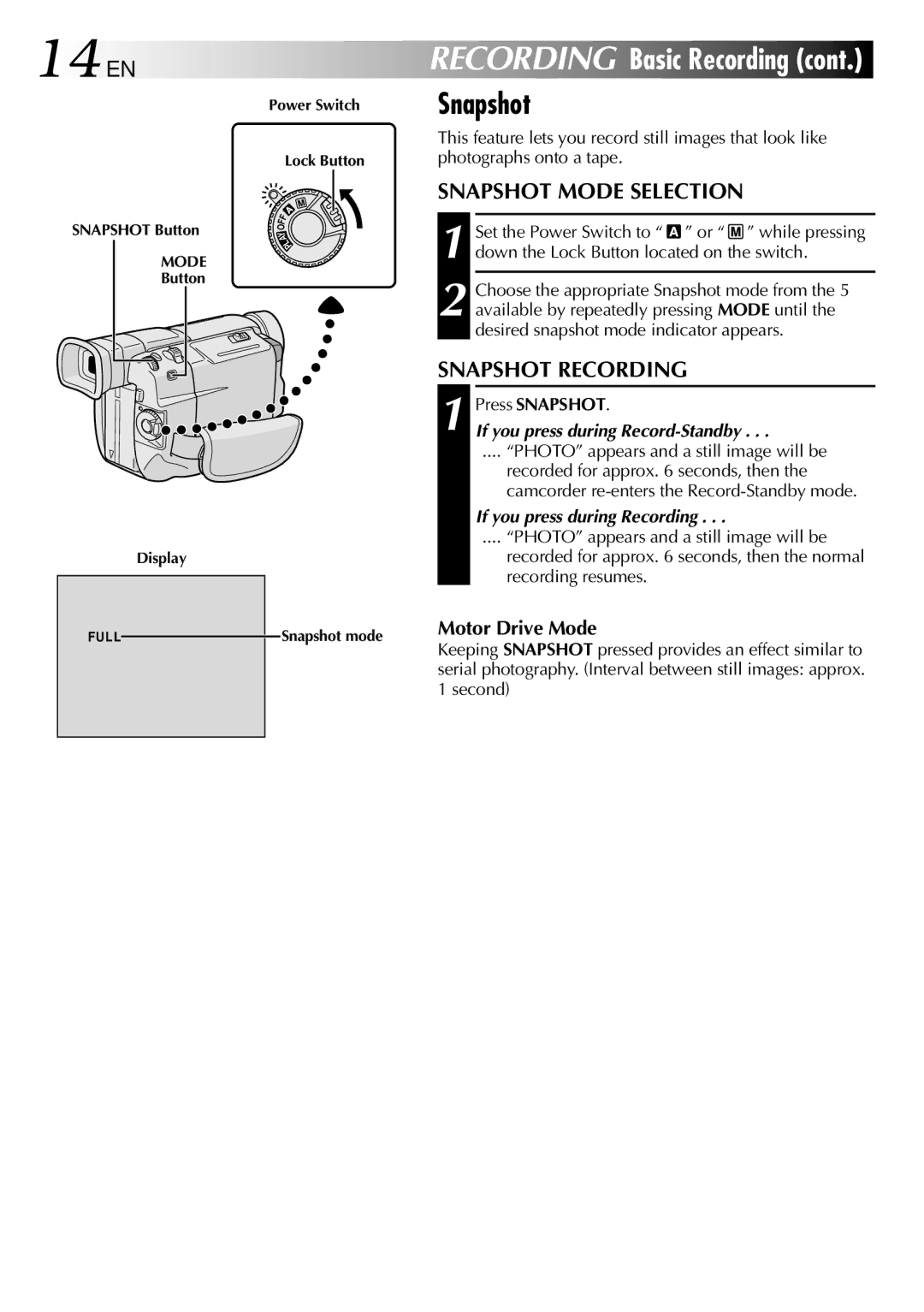 JVC GR-DVL105 specifications 14 EN, Snapshot Mode Selection, Snapshot Recording, Motor Drive Mode 