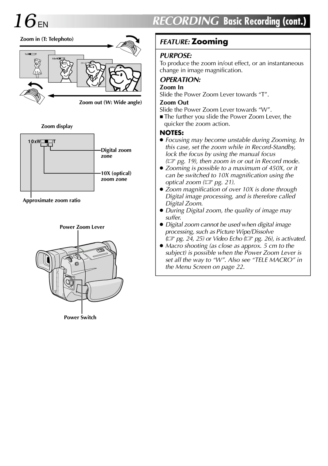 JVC GR-DVL105 specifications 16 EN, Slide the Power Zoom Lever towards T, Zoom Out 