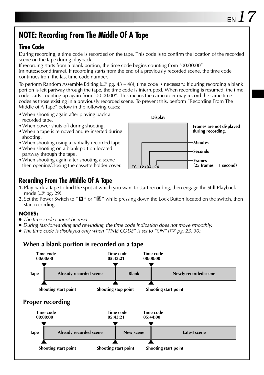 JVC GR-DVL105 specifications EN17, When a blank portion is recorded on a tape, Proper recording 