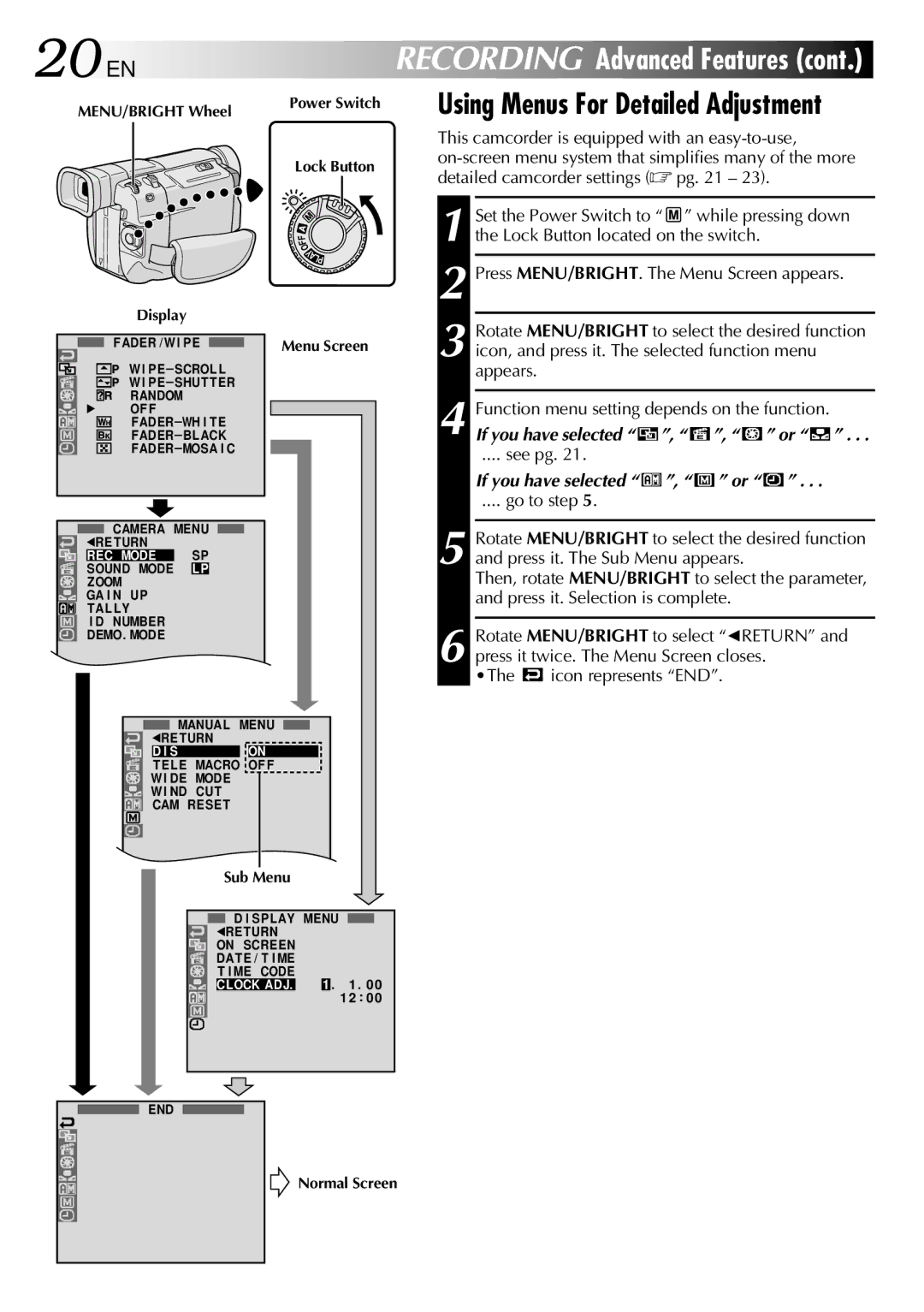 JVC GR-DVL105 specifications 20 EN, Using Menus For Detailed Adjustment, See pg, If you have selected , or 