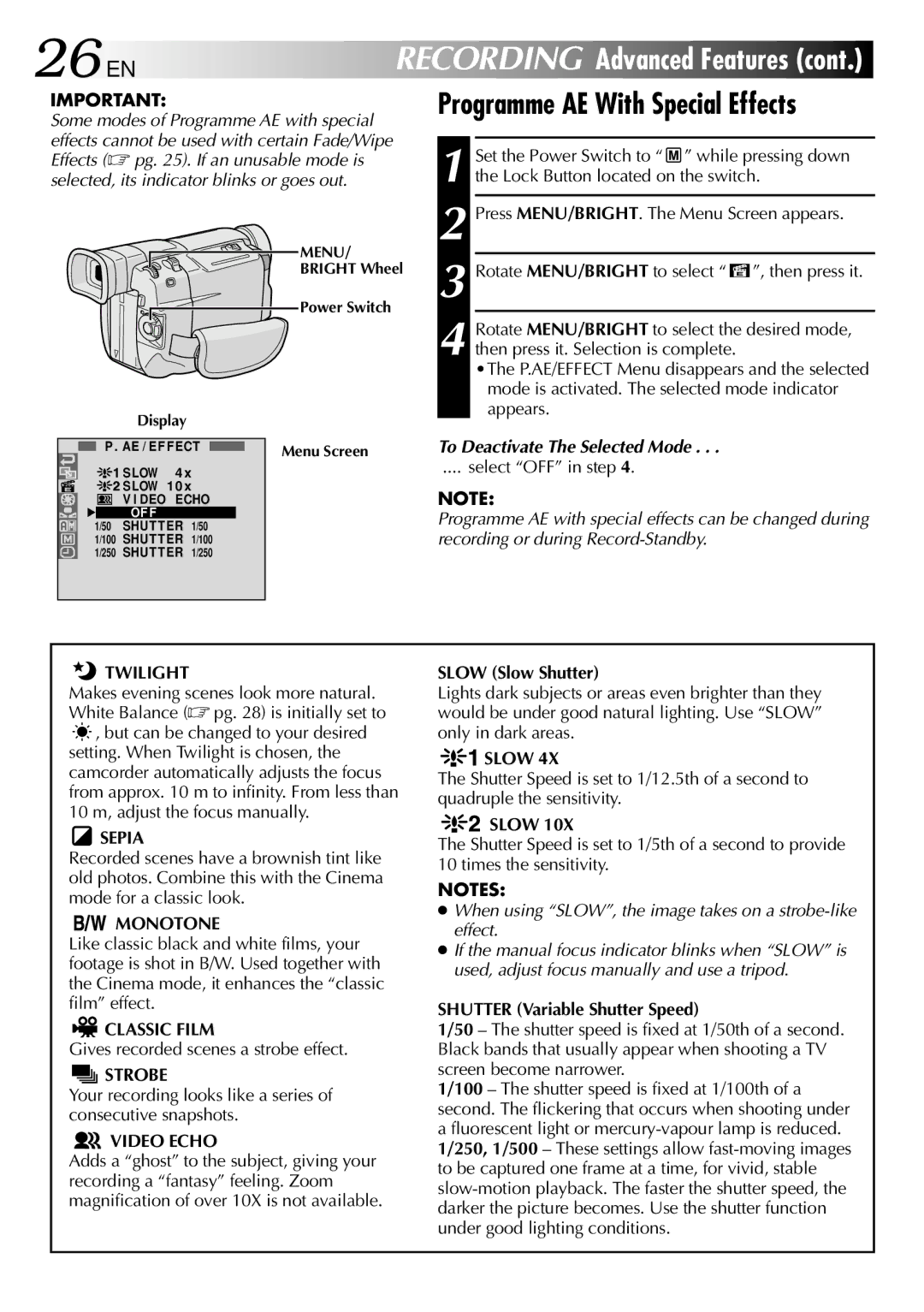 JVC GR-DVL105 specifications 26 EN, To Deactivate The Selected Mode, Slow Slow Shutter, Shutter Variable Shutter Speed 