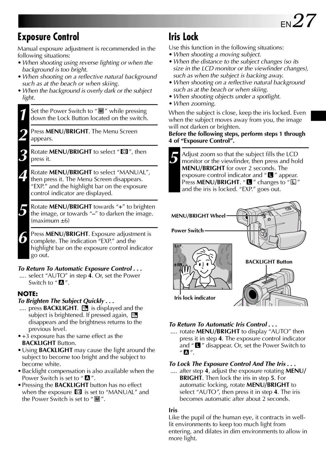 JVC GR-DVL105 specifications Exposure Control, Iris Lock, EN27 