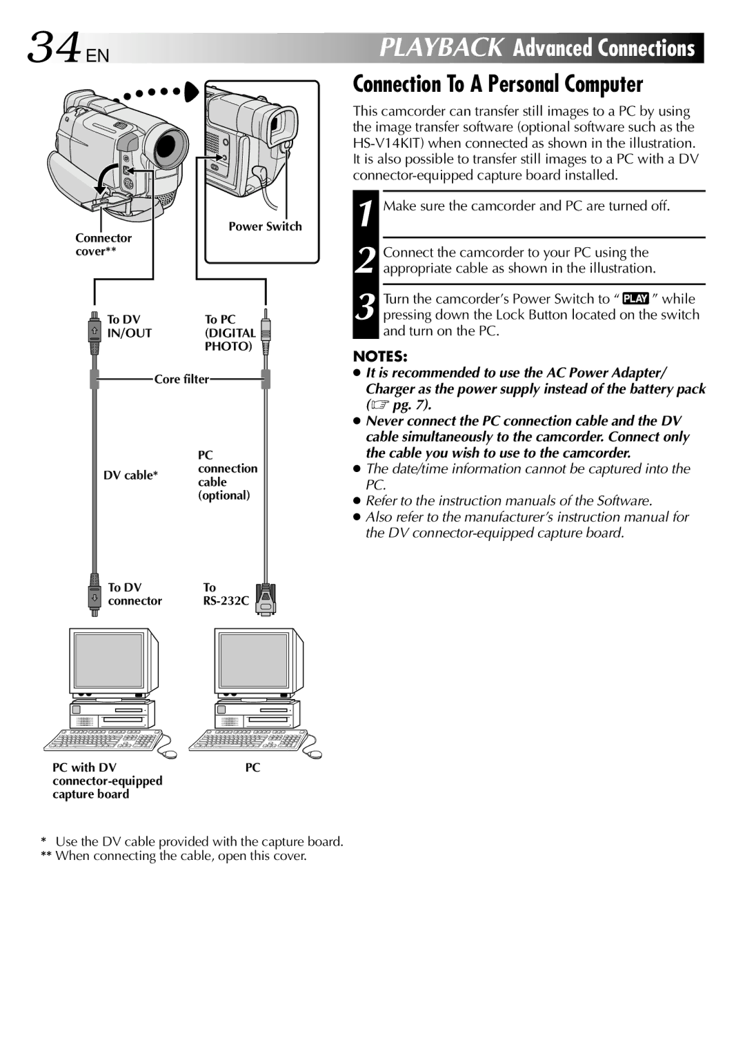 JVC GR-DVL105 specifications 34 EN, Connection To a Personal Computer,  pg, Cable you wish to use to the camcorder 