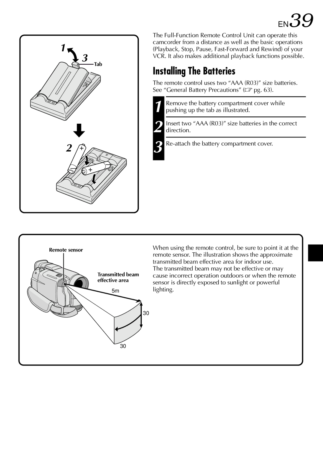 JVC GR-DVL105 specifications Installing The Batteries, EN39, Re-attach the battery compartment cover 