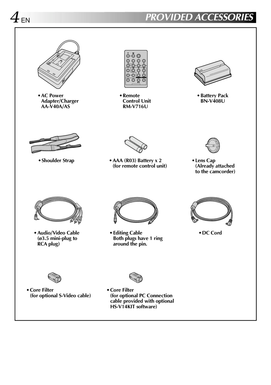 JVC GR-DVL105 specifications AC Power Remote, Adapter/Charger Control Unit BN-V408U, HS-V14KIT software 