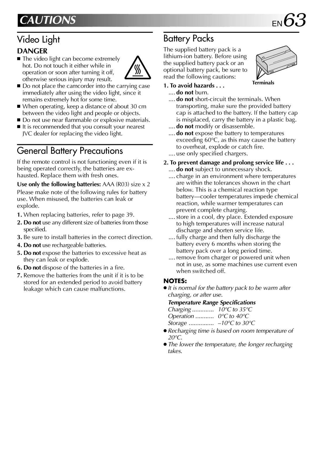 JVC GR-DVL105 specifications EN63, To avoid hazards, To prevent damage and prolong service life 