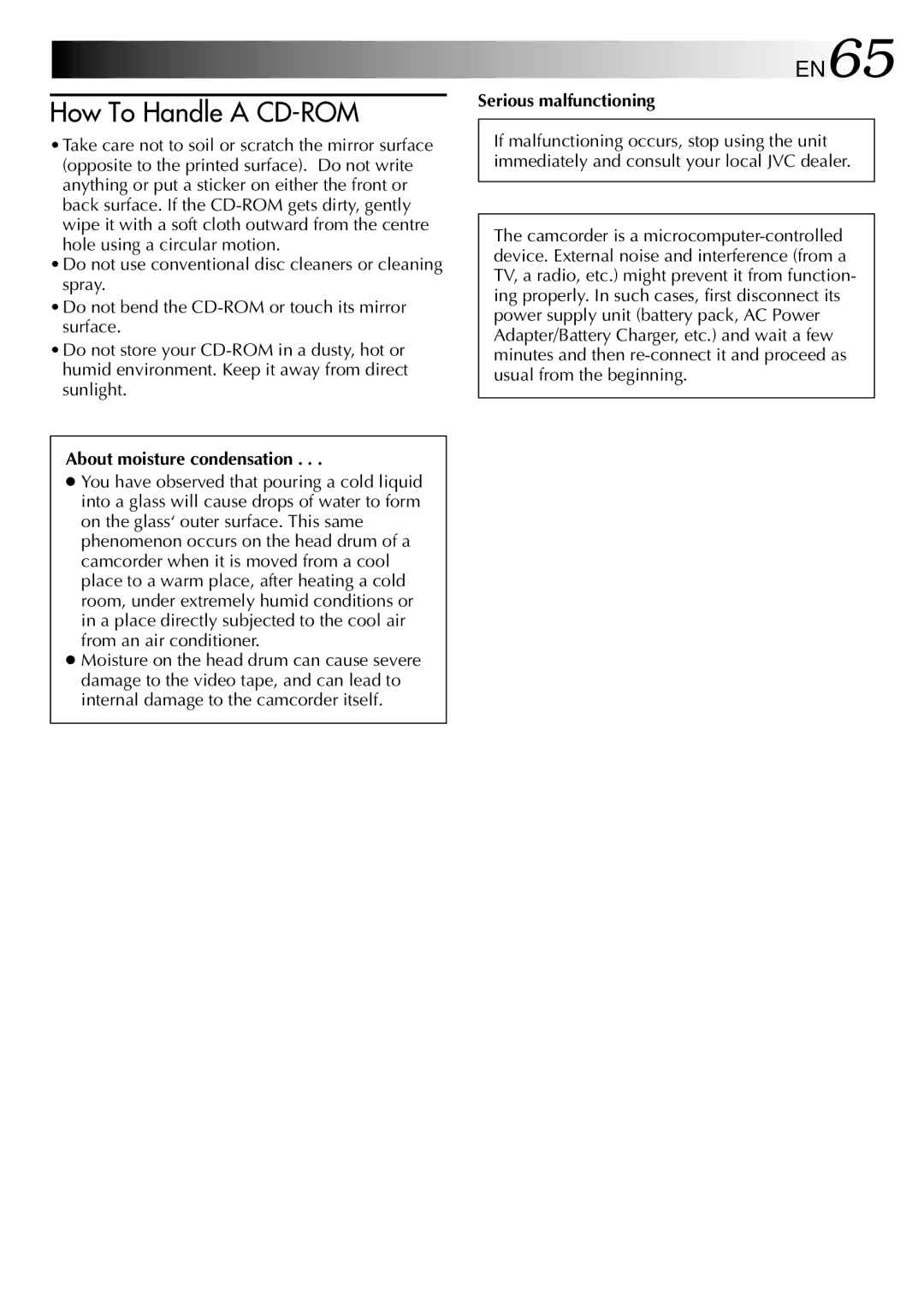 JVC GR-DVL105 specifications EN65, About moisture condensation, Serious malfunctioning 
