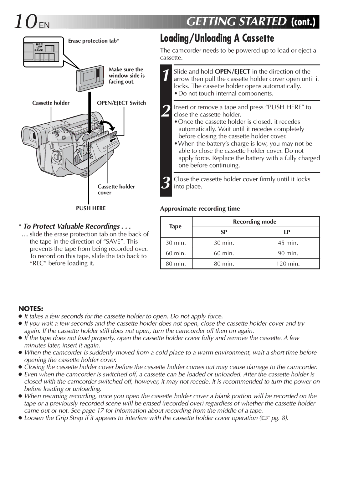 JVC GR-DVL107, LYT0610-001A specifications 10 EN, Loading/Unloading a Cassette 