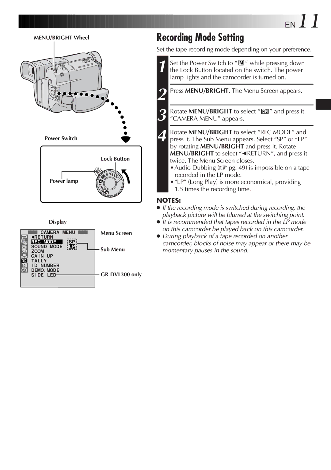 JVC LYT0610-001A, GR-DVL107 Recording Mode Setting, EN11, Set the tape recording mode depending on your preference 