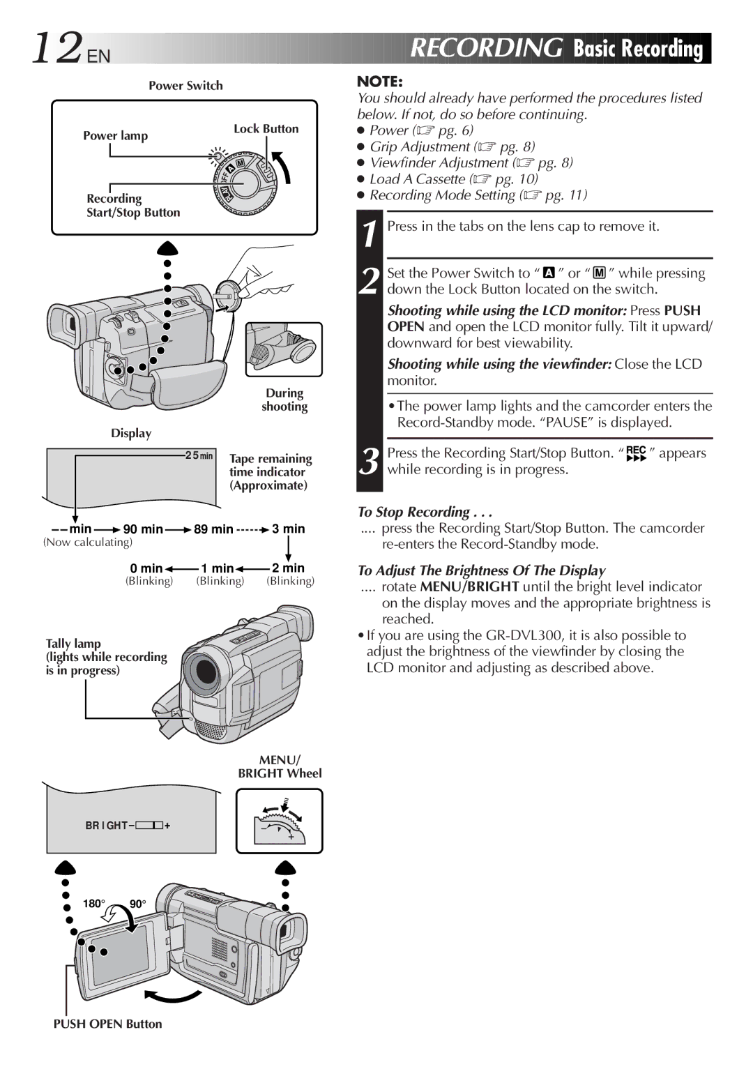 JVC GR-DVL107, LYT0610-001A 12 EN, Recording Basic Recording, To Stop Recording, To Adjust The Brightness Of The Display 