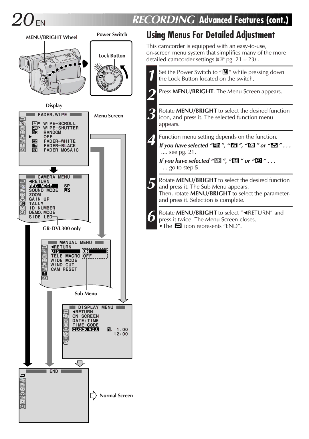 JVC GR-DVL107, LYT0610-001A Advanced Features, Using Menus For Detailed Adjustment, See pg, If you have selected , or 