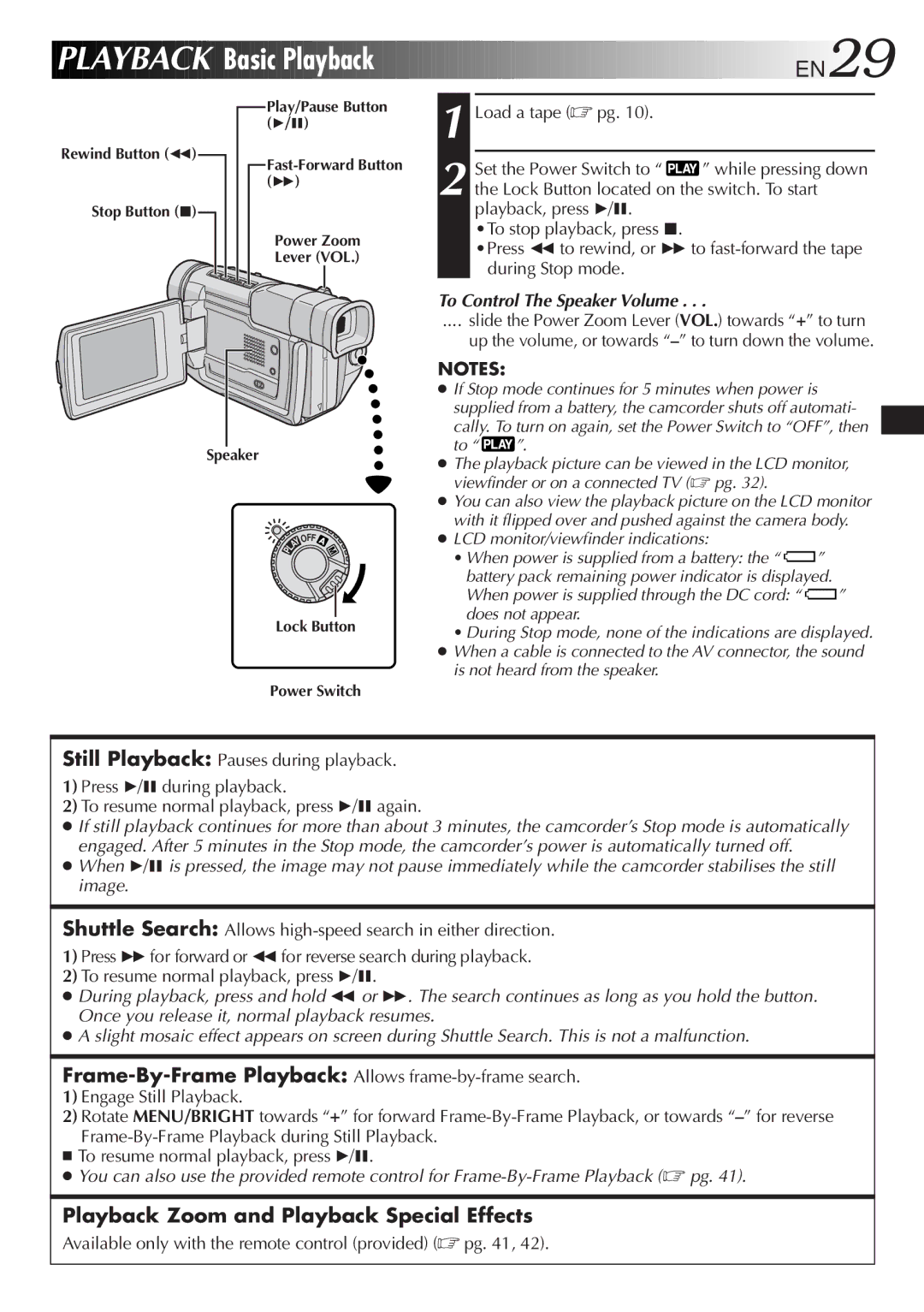 JVC LYT0610-001A, GR-DVL107 specifications Playback Basic Playback, EN29, To Control The Speaker Volume 