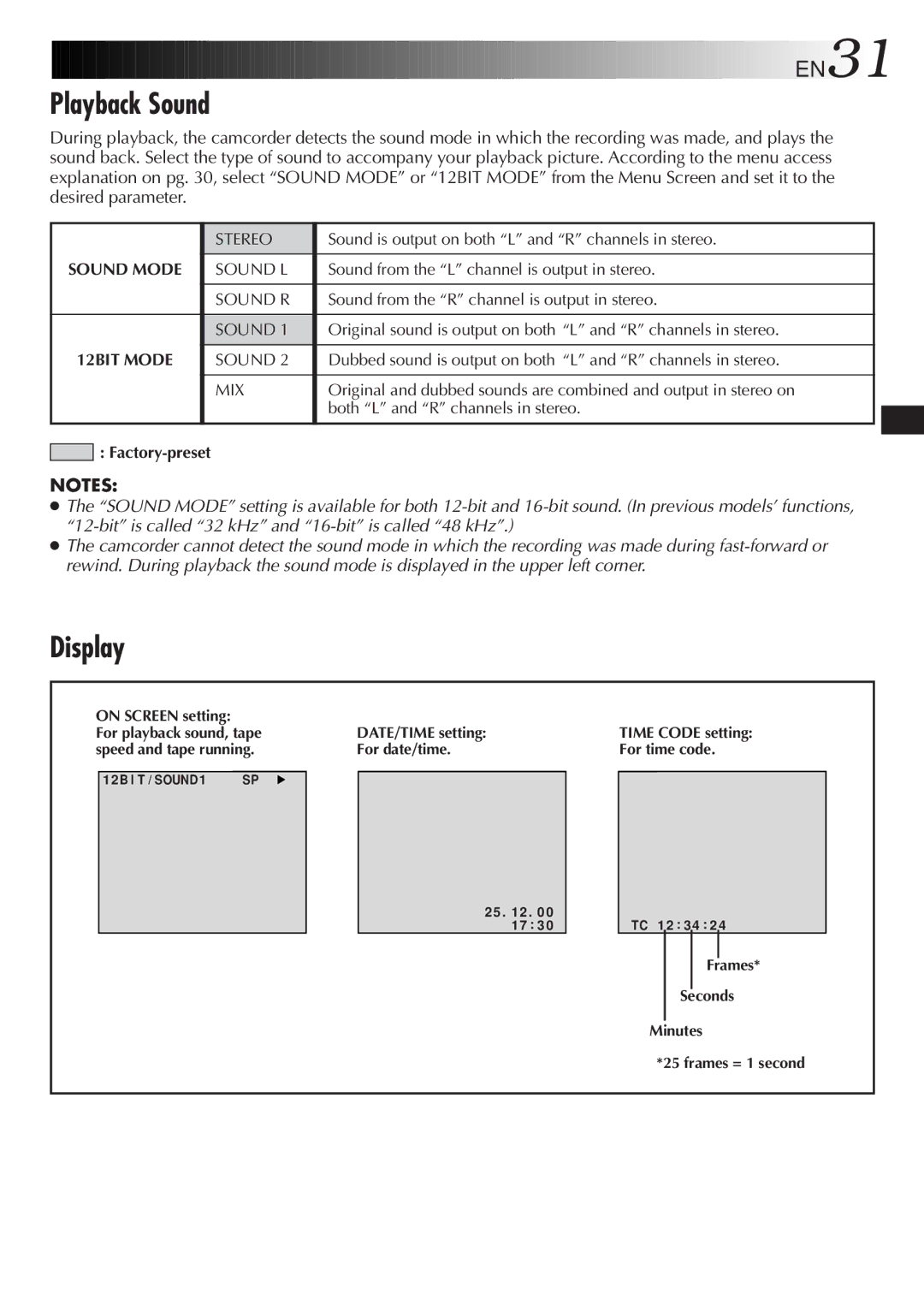 JVC LYT0610-001A, GR-DVL107 specifications Playback Sound, Display, EN31 