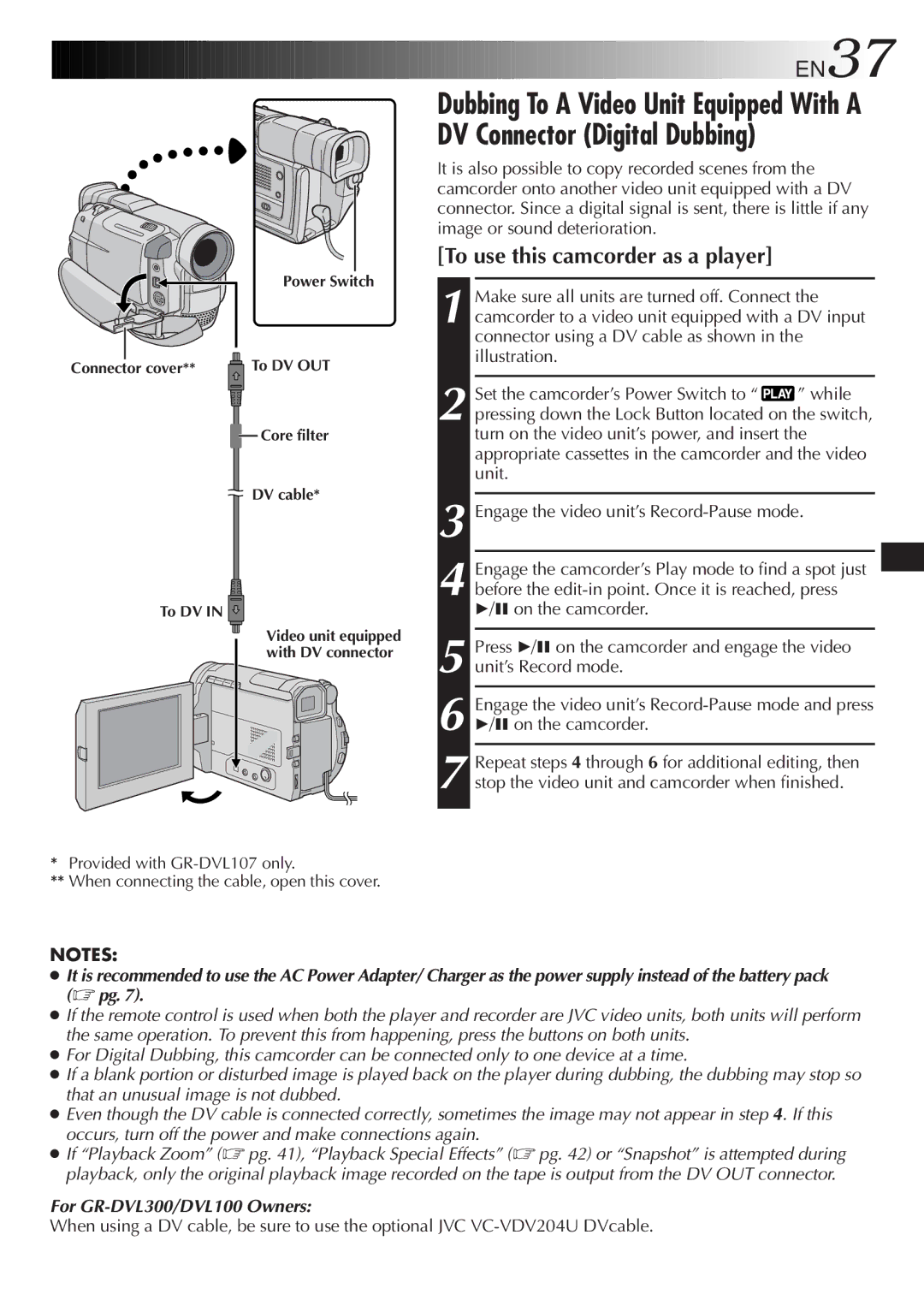 JVC LYT0610-001A, GR-DVL107 specifications EN37, To use this camcorder as a player 