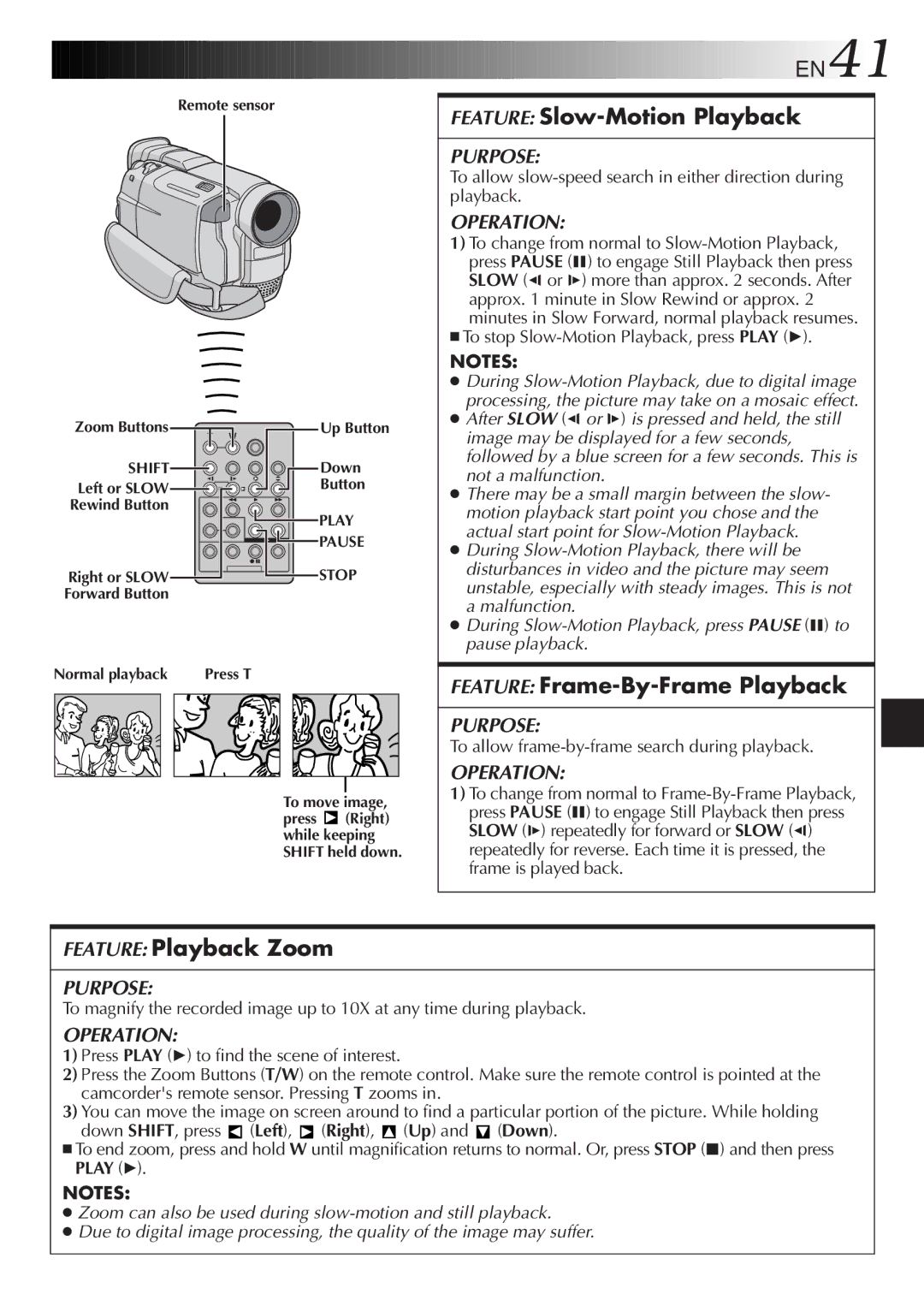 JVC LYT0610-001A, GR-DVL107 EN41, Feature Slow-Motion Playback, Feature Frame-By-Frame Playback, Feature Playback Zoom 