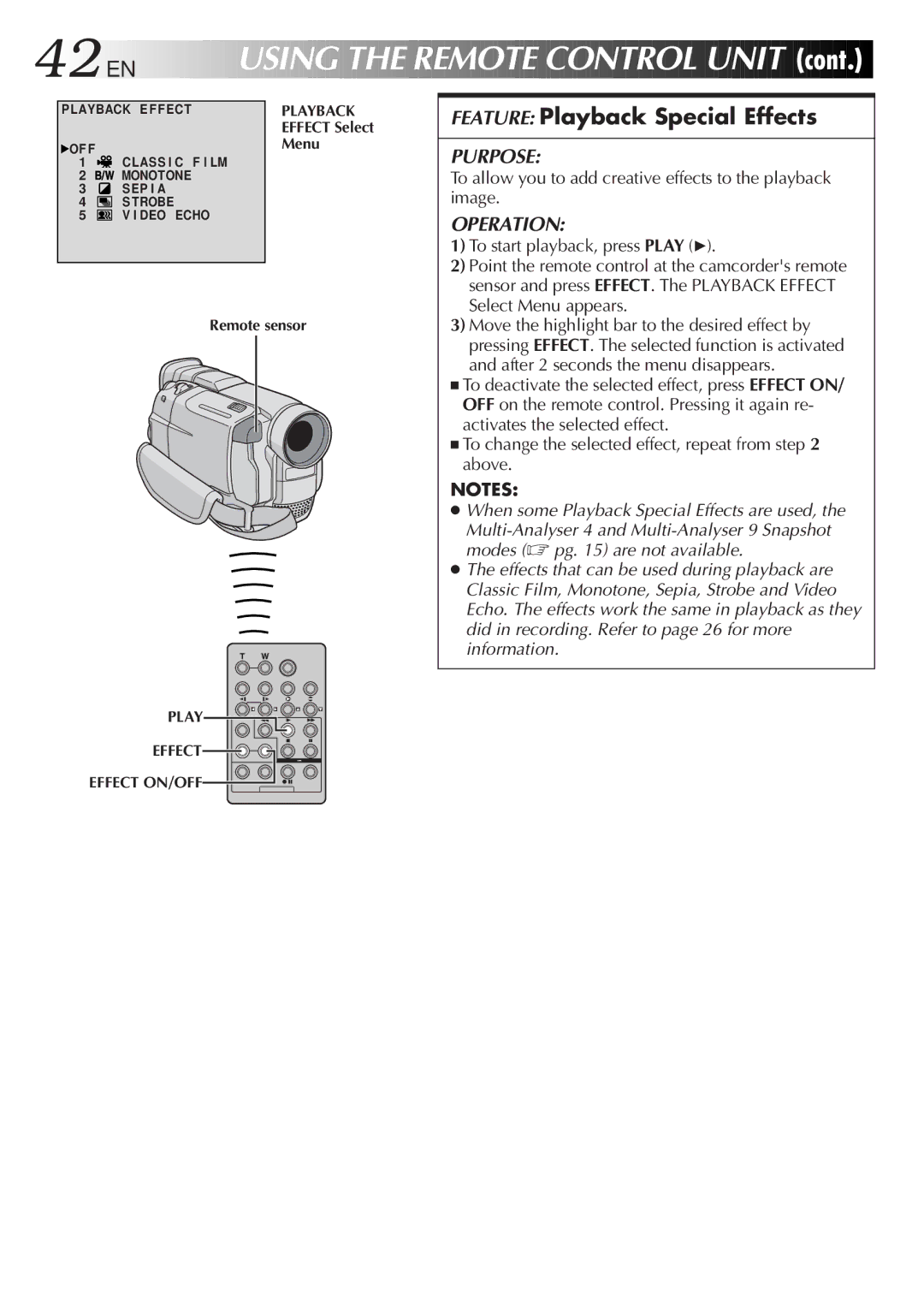 JVC GR-DVL107 42 EN, Feature Playback Special Effects, To allow you to add creative effects to the playback image 