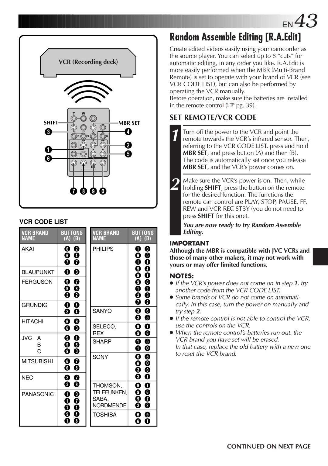 JVC LYT0610-001A, GR-DVL107 EN43, SET REMOTE/VCR Code, VCR Code List, You are now ready to try Random Assemble Editing 