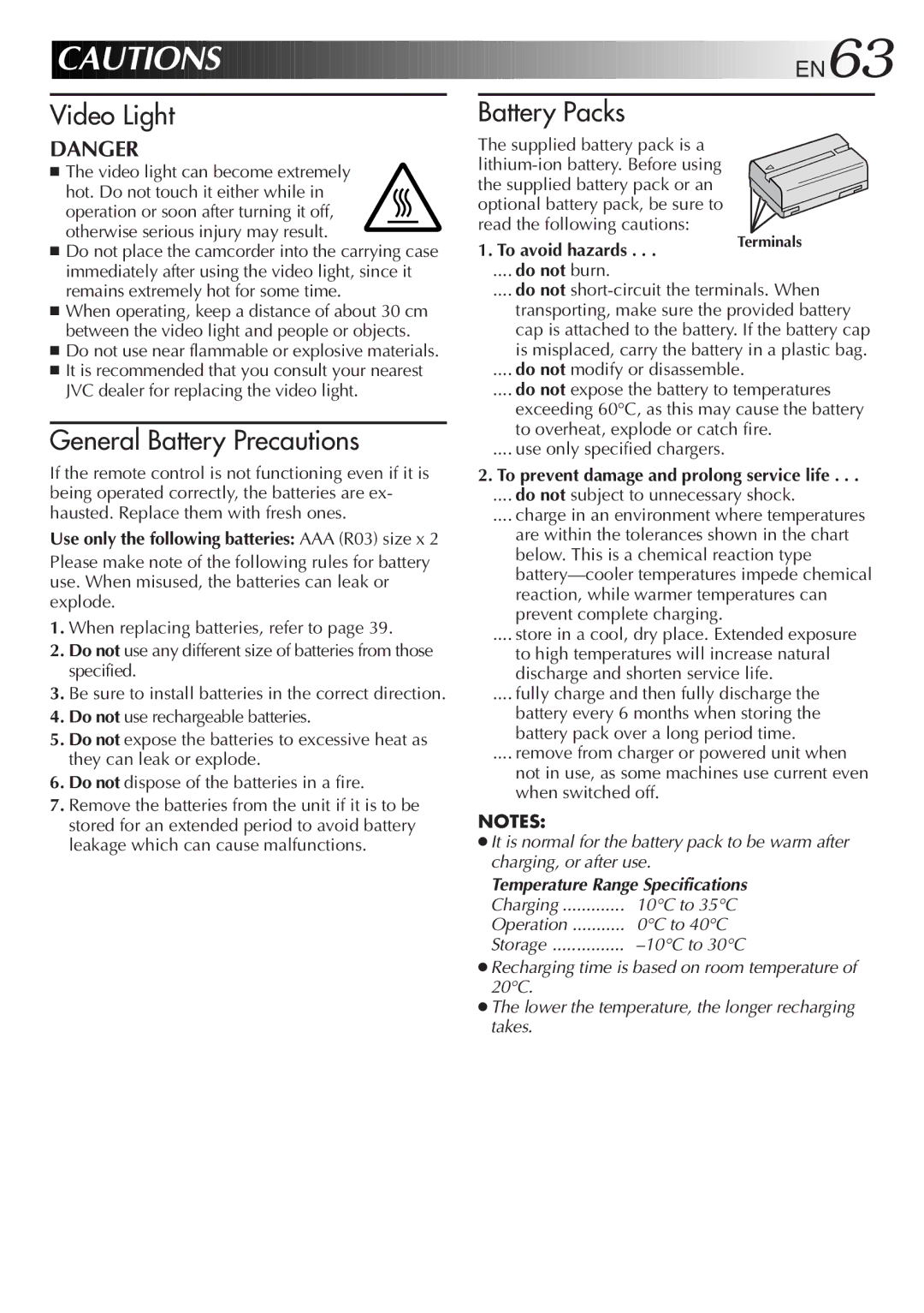 JVC LYT0610-001A, GR-DVL107 specifications EN63, To avoid hazards, To prevent damage and prolong service life 