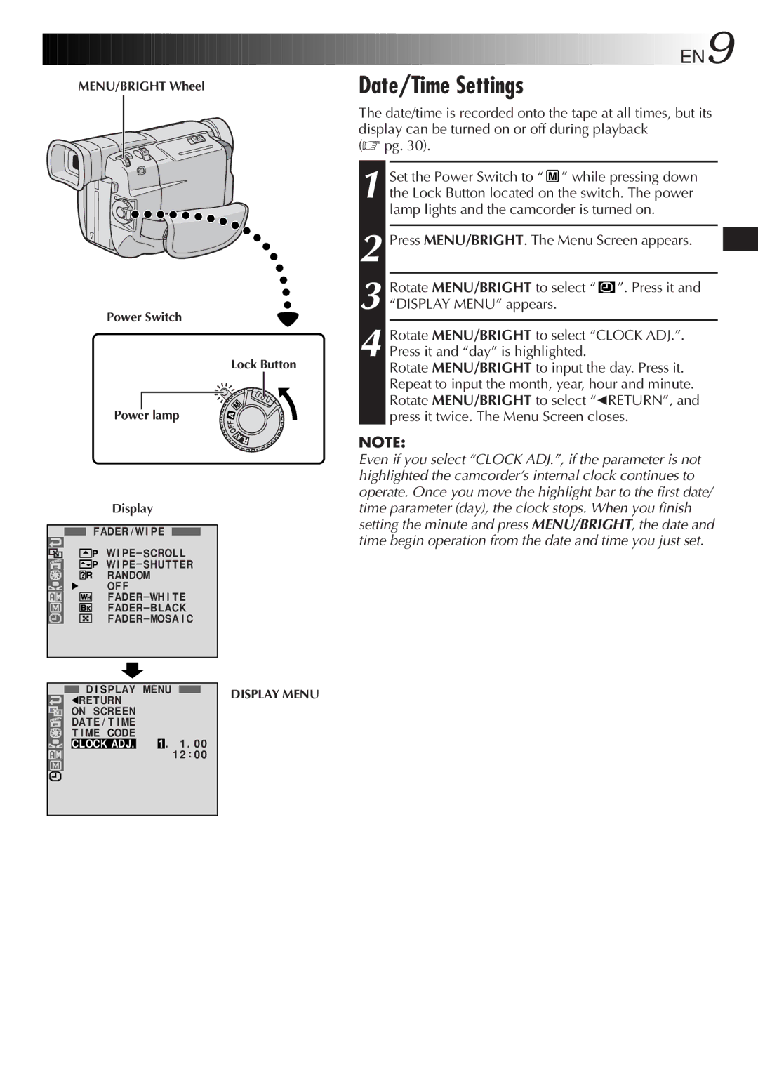 JVC LYT0610-001A, GR-DVL107 specifications Date/Time Settings, EN9, Press MENU/BRIGHT. The Menu Screen appears 