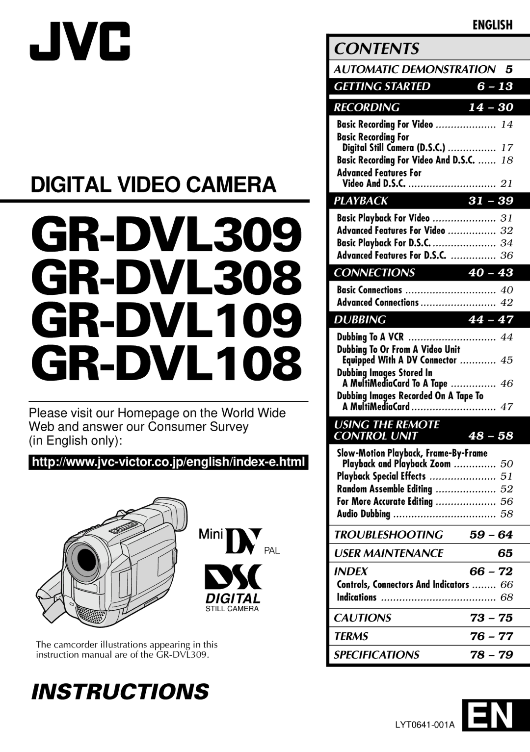 JVC specifications GR-DVL309 GR-DVL308 GR-DVL109 GR-DVL108 