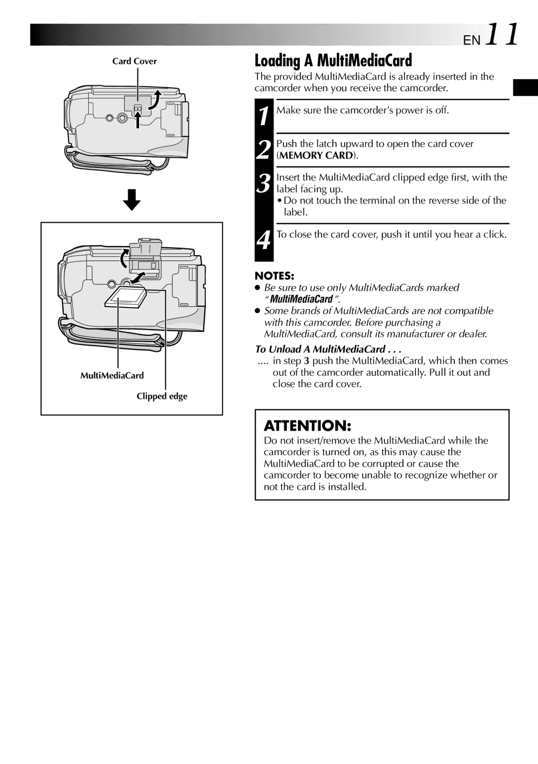 JVC GR-DVL308, GR-DVL109, GR-DVL309 Loading a MultiMediaCard, EN11, To Unload a MultiMediaCard, Card Cover MultiMediaCard 