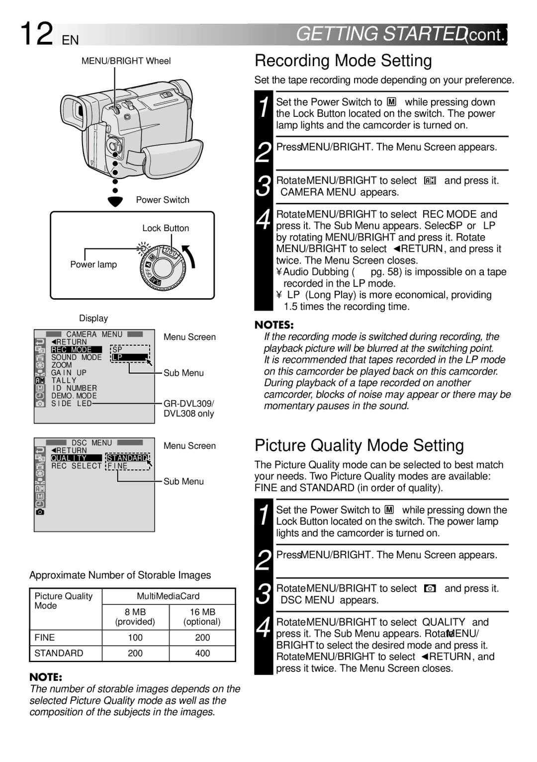 JVC GR-DVL109 12 EN, Recording Mode Setting, Picture Quality Mode Setting, Approximate Number of Storable Images 