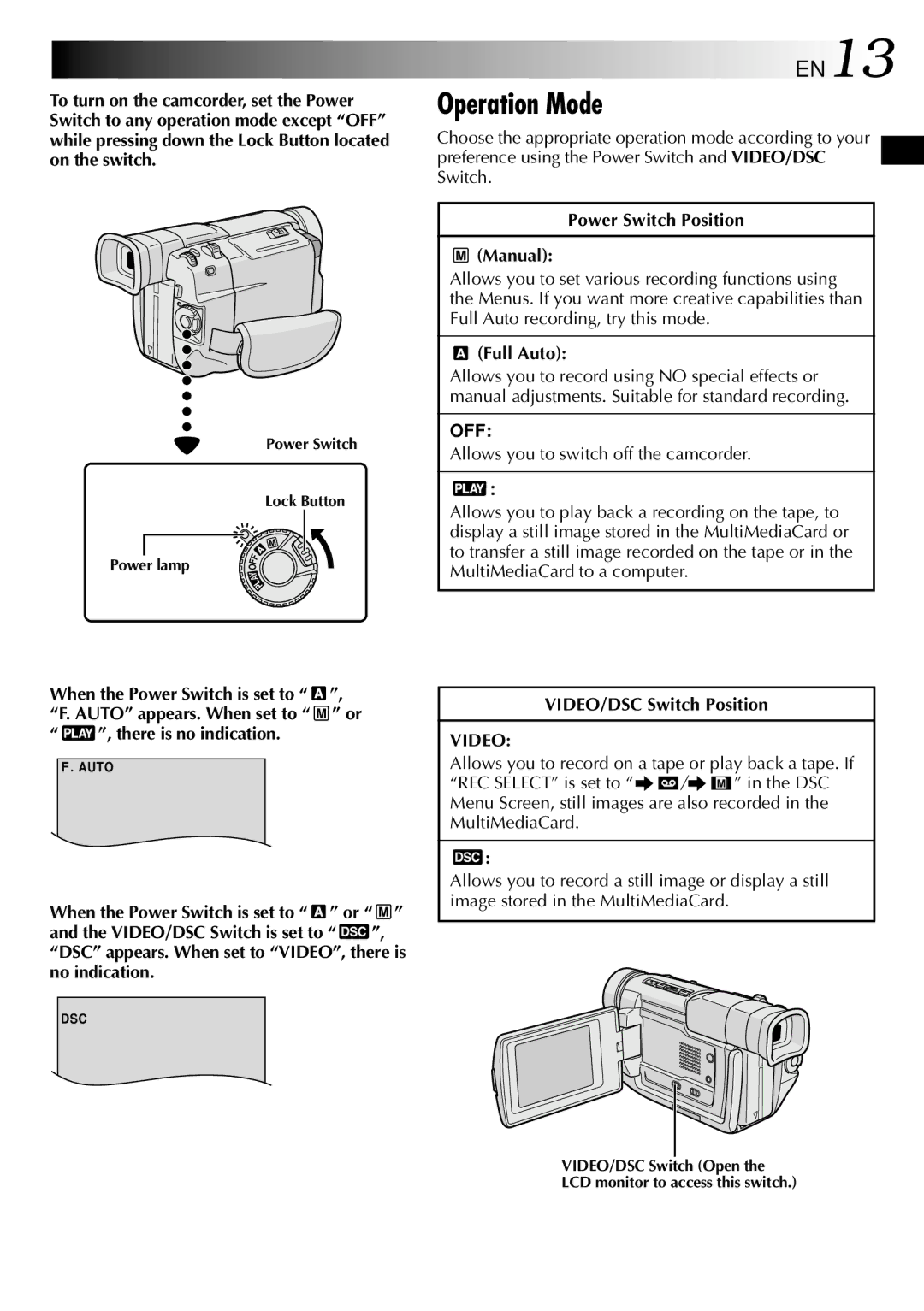 JVC GR-DVL309, GR-DVL109, GR-DVL108, GR-DVL308 specifications Operation Mode, EN13, Off 