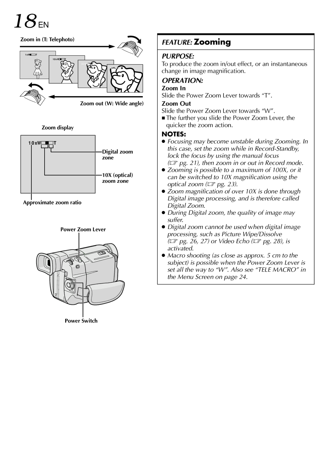 JVC GR-DVL108, GR-DVL109, GR-DVL309, GR-DVL308 specifications 18 EN, Slide the Power Zoom Lever towards T, Zoom Out 