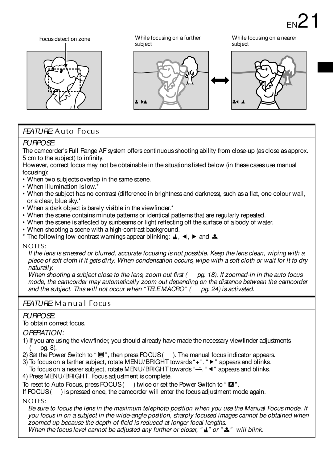 JVC GR-DVL309, GR-DVL109, GR-DVL108, GR-DVL308 EN21, Feature Auto Focus, Feature Manual Focus, To obtain correct focus 