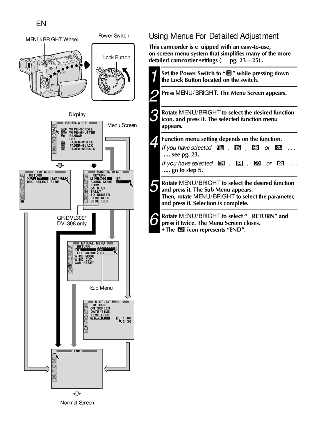 JVC GR-DVL108, GR-DVL109, GR-DVL309, GR-DVL308 specifications Using Menus For Detailed Adjustment, Appears, See pg, Go to step 