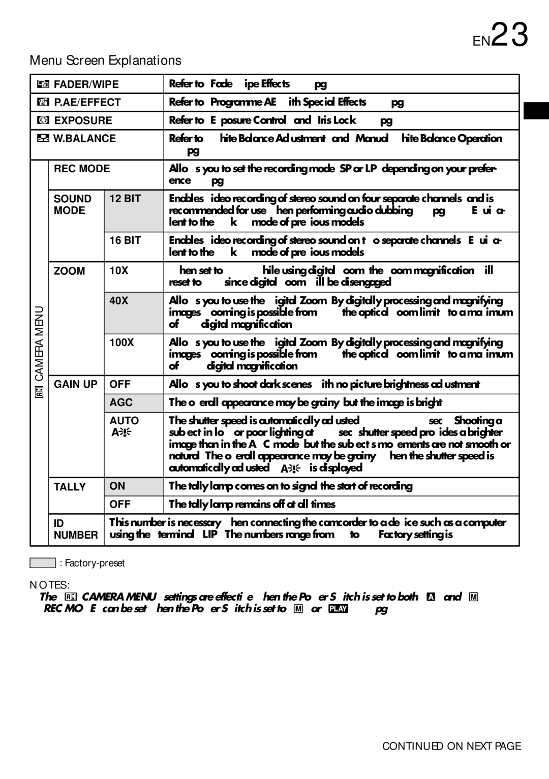 JVC GR-DVL308, GR-DVL109, GR-DVL309, GR-DVL108 specifications Menu Screen Explanations EN23 