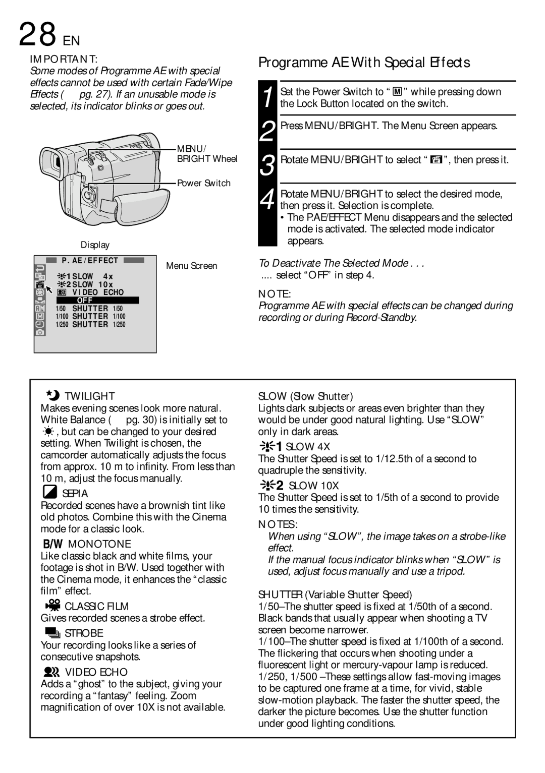 JVC GR-DVL109, GR-DVL309, GR-DVL108 Programme AE With Special Effects, To Deactivate The Selected Mode, Slow Slow Shutter 