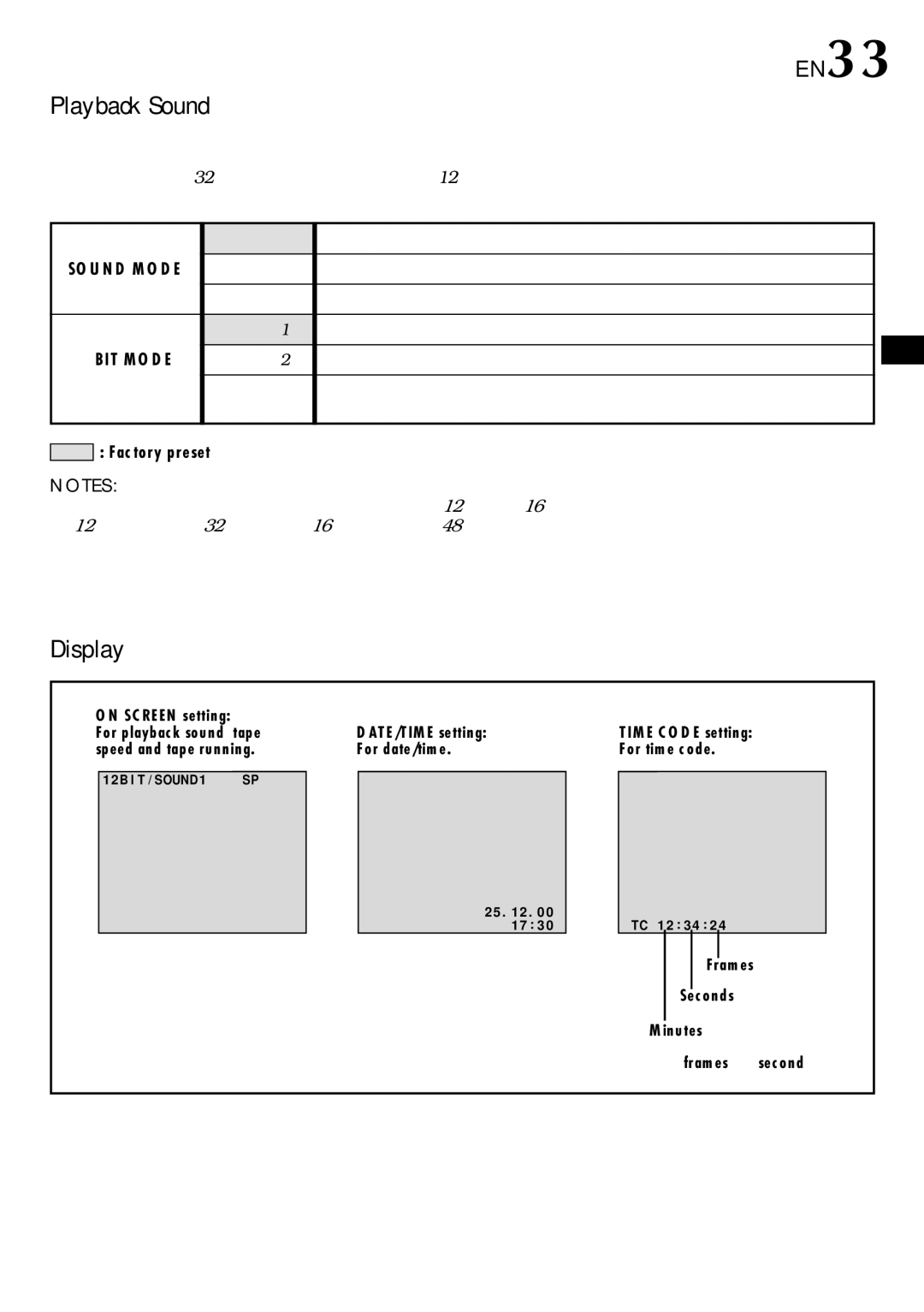 JVC GR-DVL309, GR-DVL109, GR-DVL108, GR-DVL308 specifications Playback Sound, Display, EN33 