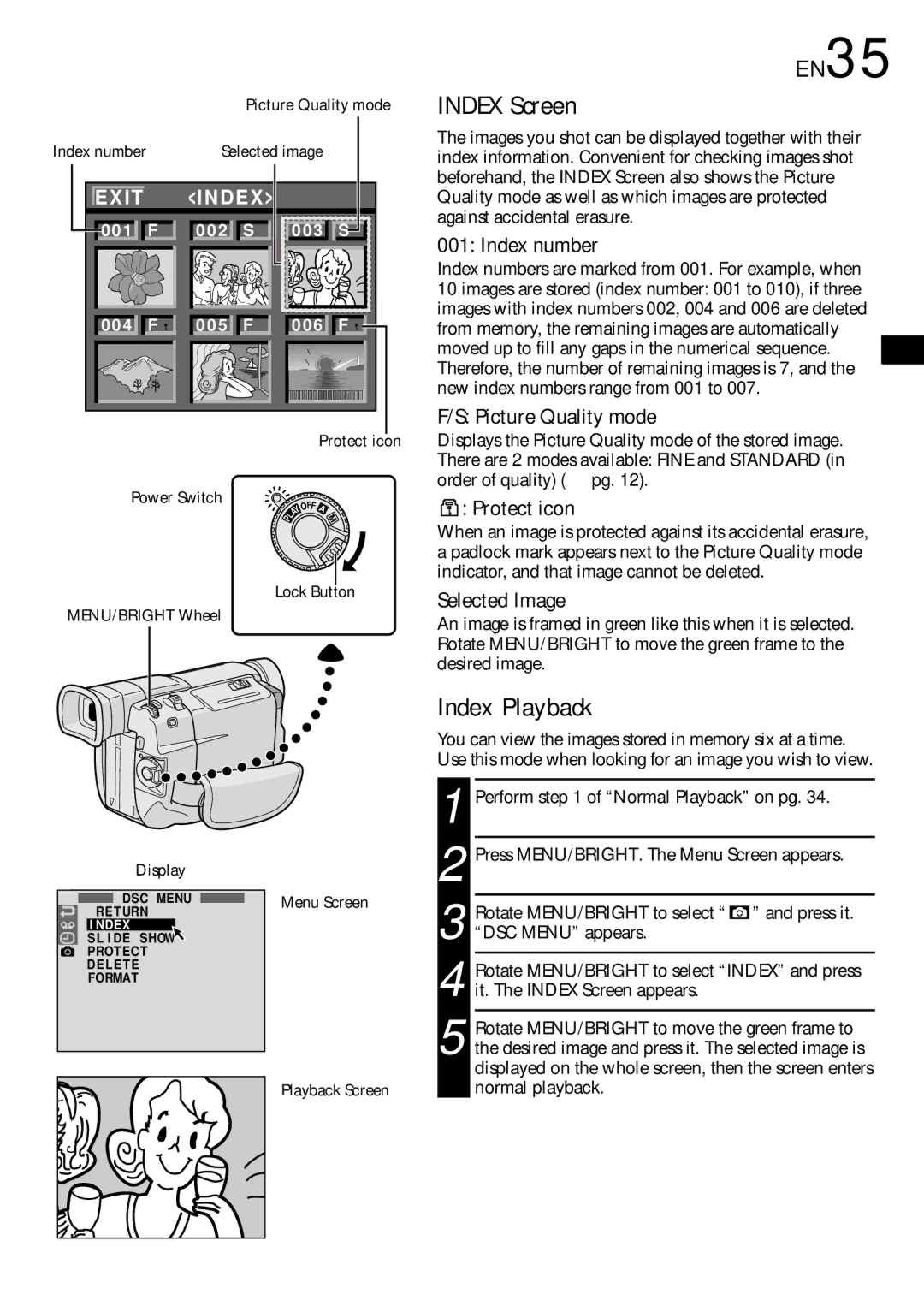 JVC GR-DVL308, GR-DVL109, GR-DVL309, GR-DVL108 specifications Index Screen, Index Playback, EN35 