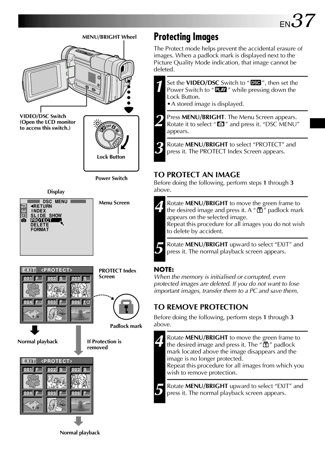 JVC GR-DVL309, GR-DVL109, GR-DVL108, GR-DVL308 Protecting Images, EN37, To Protect AN Image, To Remove Protection 