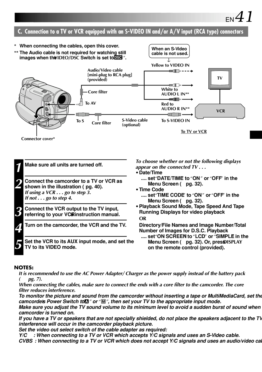 JVC GR-DVL309, GR-DVL109, GR-DVL108, GR-DVL308 specifications EN41, If using a VCR . . . go to step If not . . . go to step 