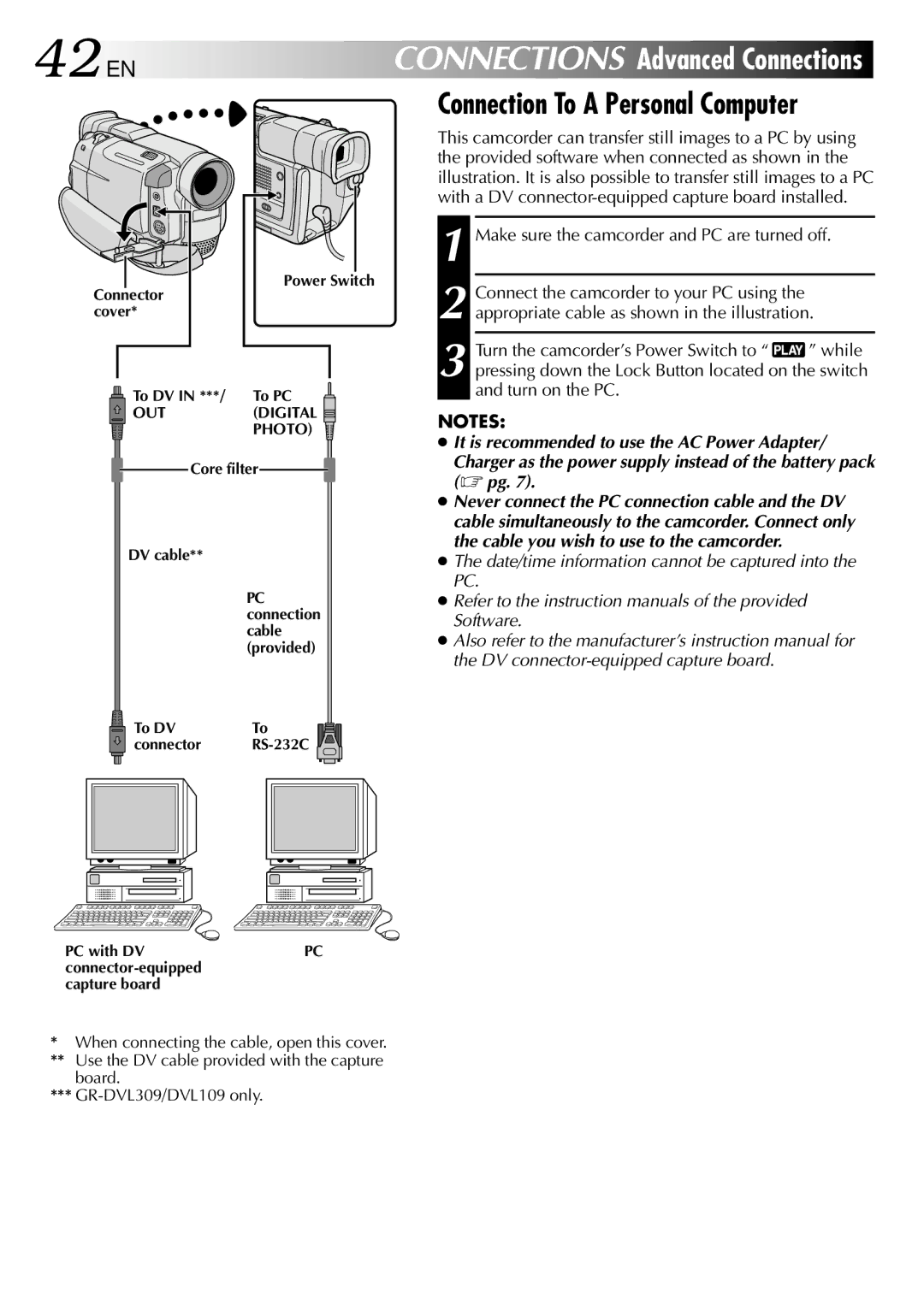 JVC GR-DVL108, GR-DVL109, GR-DVL309 42 EN, Connection To a Personal Computer,  pg, Cable you wish to use to the camcorder 