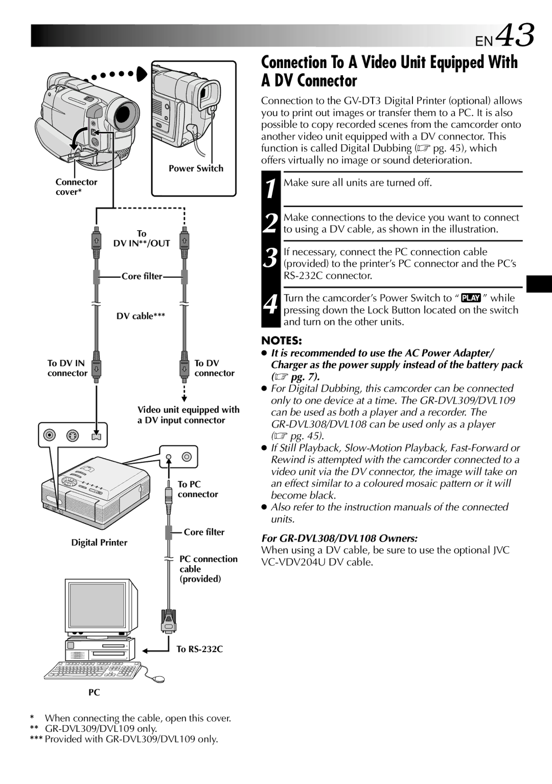 JVC GR-DVL308, GR-DVL109 Connection To a Video Unit Equipped With a DV Connector, EN43, Make sure all units are turned off 