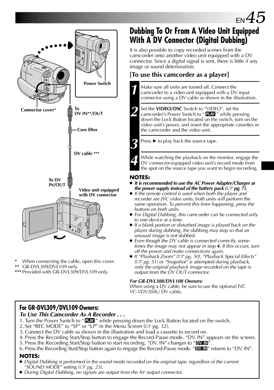 JVC GR-DVL109, GR-DVL108, GR-DVL308 specifications EN45, To use this camcorder as a player, For GR-DVL309/DVL109 Owners 