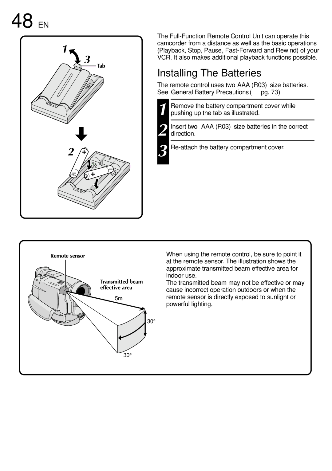 JVC GR-DVL109, GR-DVL309, GR-DVL108, GR-DVL308 specifications 48 EN, Installing The Batteries, Tab, Remote sensor 